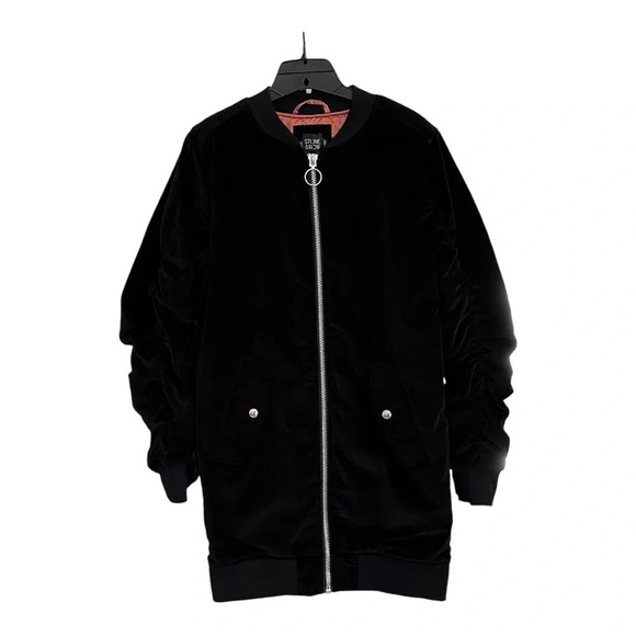 NWT Volcom Womens XS Stone Row Long Black Velvet Coat Pink Quilted Lining Zip Up - Picture 2 of 10